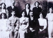 Athboy Branch of Gaelic League circa 1907-08. Back Row: ??, Nicky Byrne, ??, ?? Front Row: Emily Kavanagh, James White, ??, Patrick Carey, ??, Mrs. Farrell, Courtesy of Des White.